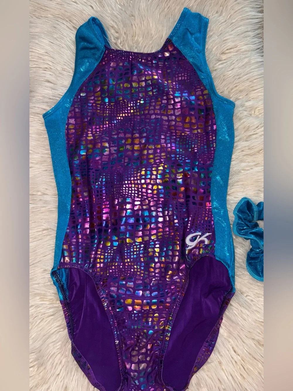 GK Elite Teal & Purple Leotard Gymnastics Dance Leo Adult Small Practice AS EUC